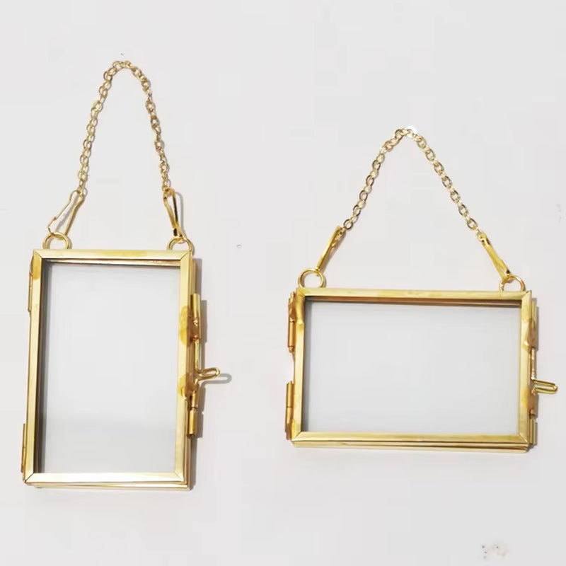 Airy Classic Square Double Floating Picture Photo Frame with Brass Hanging Wall Decor Pressed Flowers Glass Model HFS