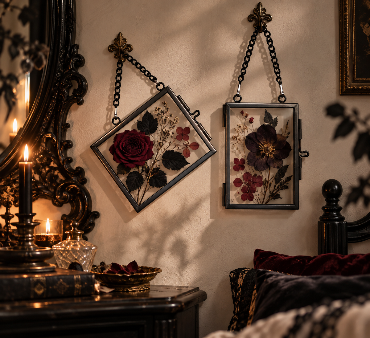 Hanging Double Glass Botanical Frame – Vintage Gold, Silver & Black Floating Frame for Pressed Flowers and Plants