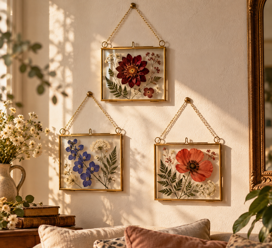 Hanging Double Glass Botanical Frame – Vintage Gold, Silver & Black Floating Frame for Pressed Flowers and Plants