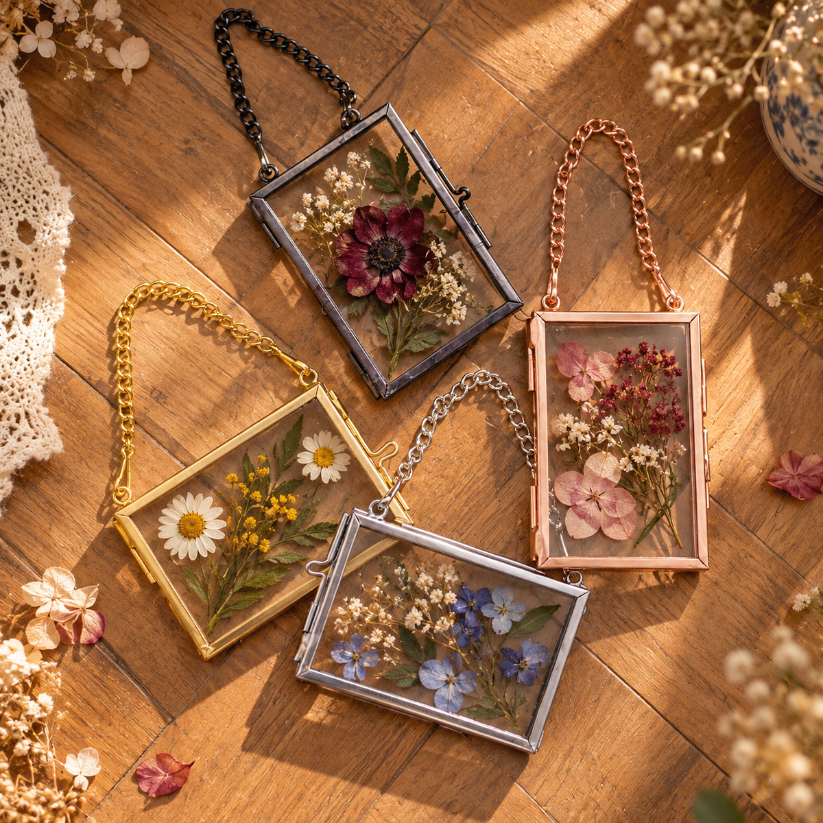 Hanging Double Glass Botanical Frame – Vintage Gold, Silver & Black Floating Frame for Pressed Flowers and Plants