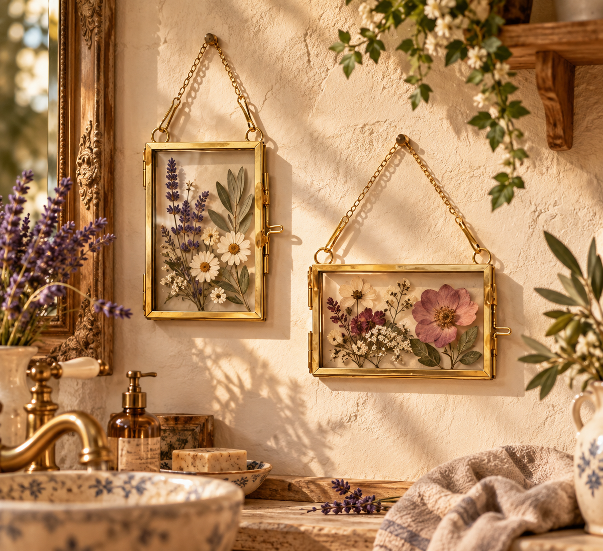 Hanging Double Glass Botanical Frame – Vintage Gold, Silver & Black Floating Frame for Pressed Flowers and Plants