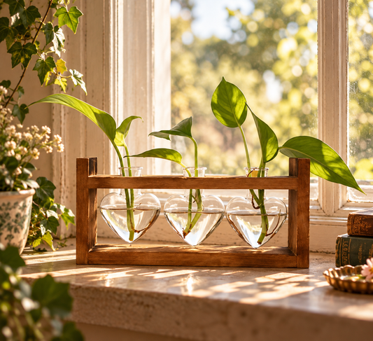Heart-Shaped Glass Terrarium with Wooden Stand – Vintage Botanical Planter & Hydroponic Plant Vase