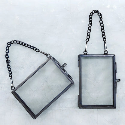 Airy Classic Square Double Floating Picture Photo Frame with Brass Hanging Wall Decor Pressed Flowers Glass Model HFS