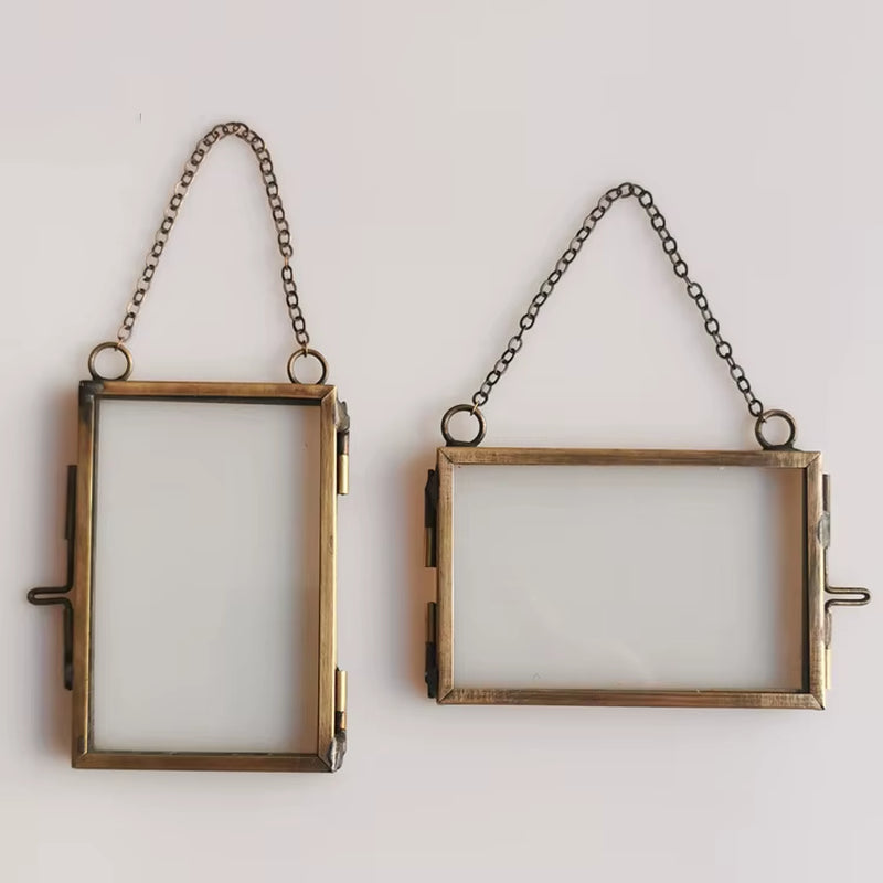 Airy Classic Square Double Floating Picture Photo Frame with Brass Hanging Wall Decor Pressed Flowers Glass Model HFS
